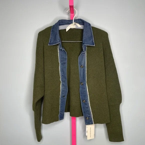 Commense Navy Green Panel Breasted Stretch Lapel Knit Top size medium - Picture 3 of 6